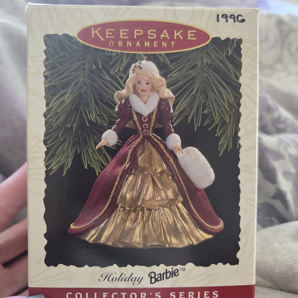 1996 Keepsake Holiday Barbie Ornament - Burgundy and Gold